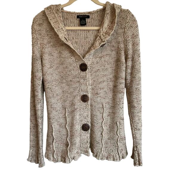 BCBGMaxAzria oatmeal hooded cardigan sweater with brown buttons, women’s. - Picture 1 of 8